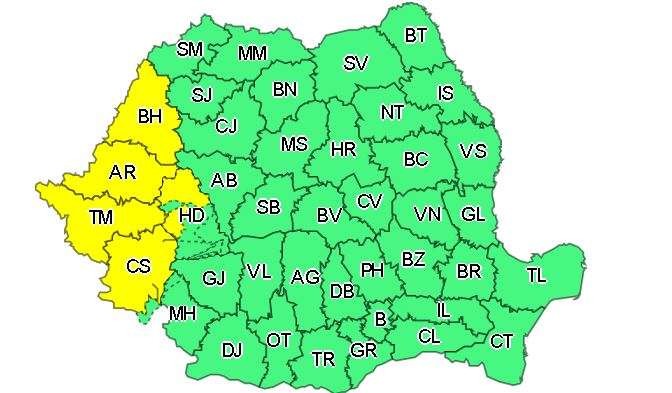 Cod galben de ploi și vijelii în 5 județe din vestul țării