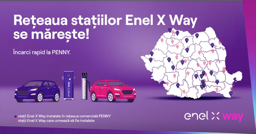 Enel X Way România instalează 64 de stații de reîncărcare pentru vehicule electrice în parcările magazinelor PENNY din 36 de localități