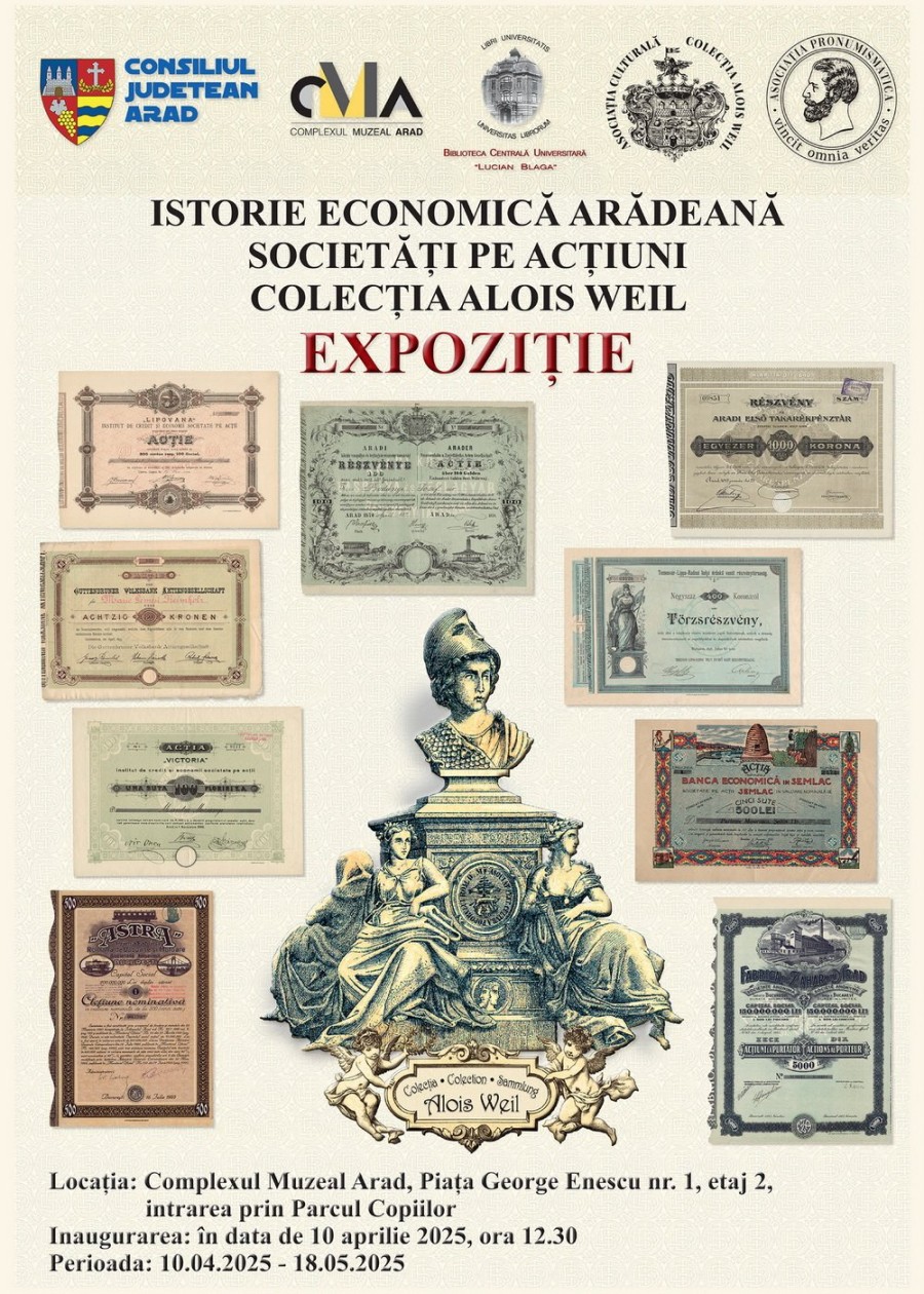 Expoziția „Istorie economică arădeană. Societăți pe acțiuni. Colecția Alois Weil”, deschisă la Complexul Muzeal Arad