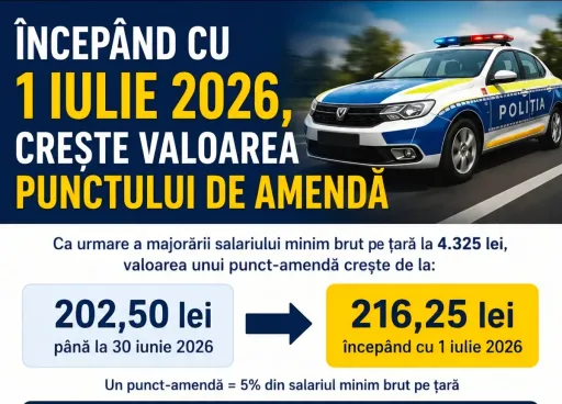 Amenzile rutiere cresc de la 1 iulie 2026: un punct-amendă valorează 216,25 lei