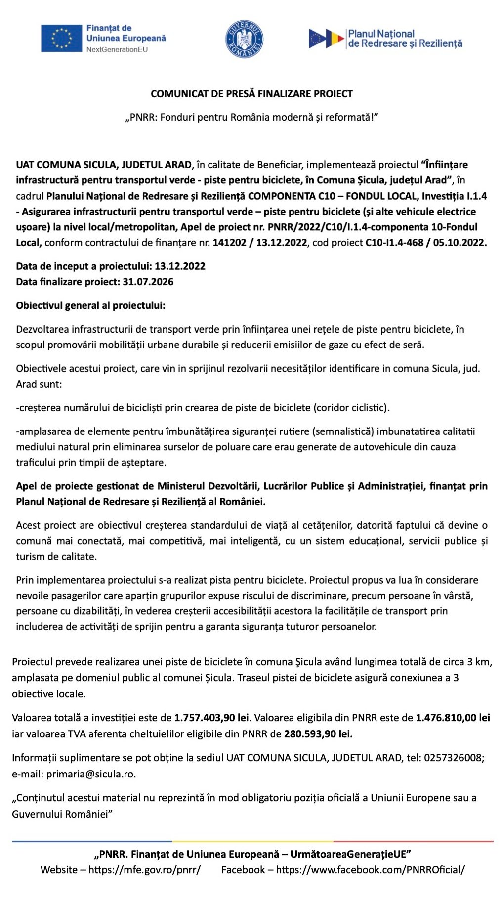 COMUNICAT DE PRESĂ FINALIZARE PROIECT