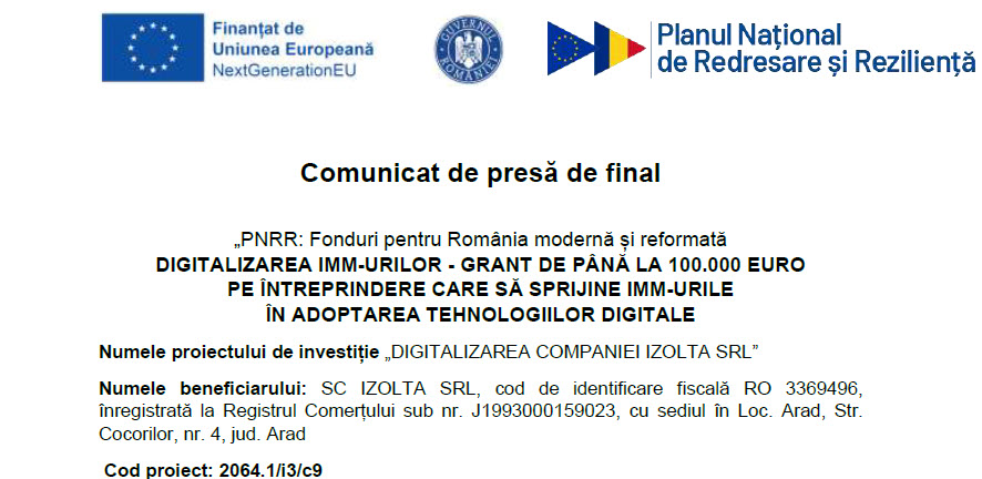 Comunicat de presă de final / DIGITALIZAREA COMPANIEI IZOLTA SRL